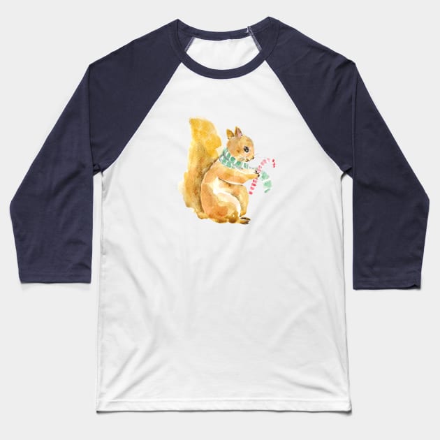 Squirrel with candy stick Christmas watercolor Baseball T-Shirt by colorandcolor